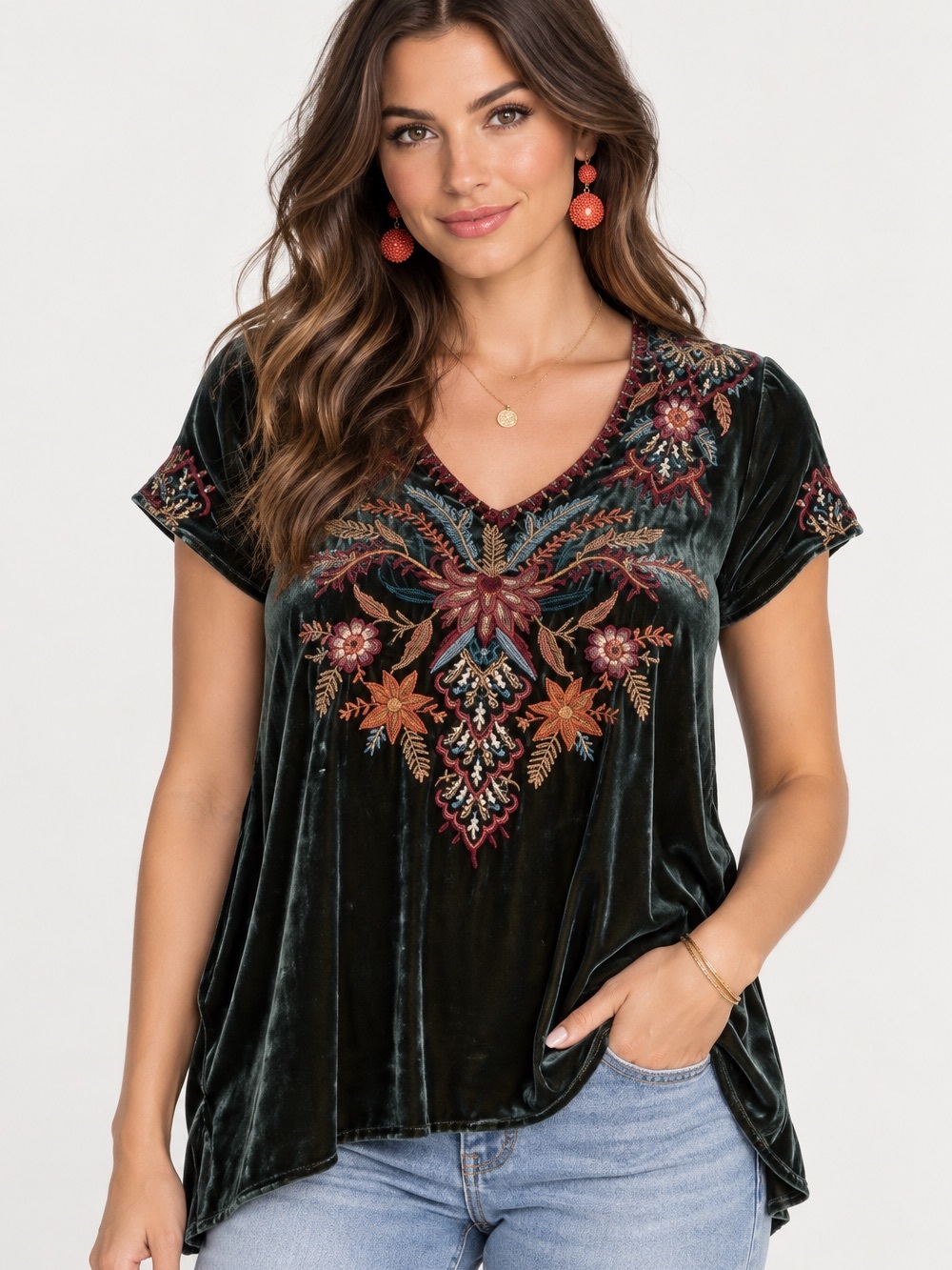 Johnny Was heavily embroidered AIvita velvet drape top NWT